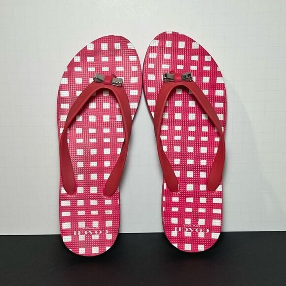 Womens COACH Pink Plaid Bow Accented Flip Flop Sandals / Size 7/8 - Picture 6 of 10